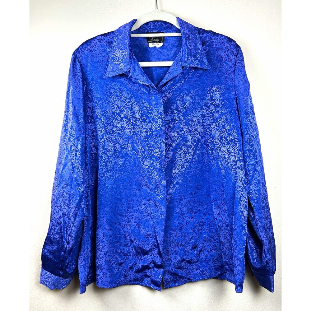 Vintage 80s Southern Lady 14 Purple Satin Floral Jacquard Collared Button Blouse